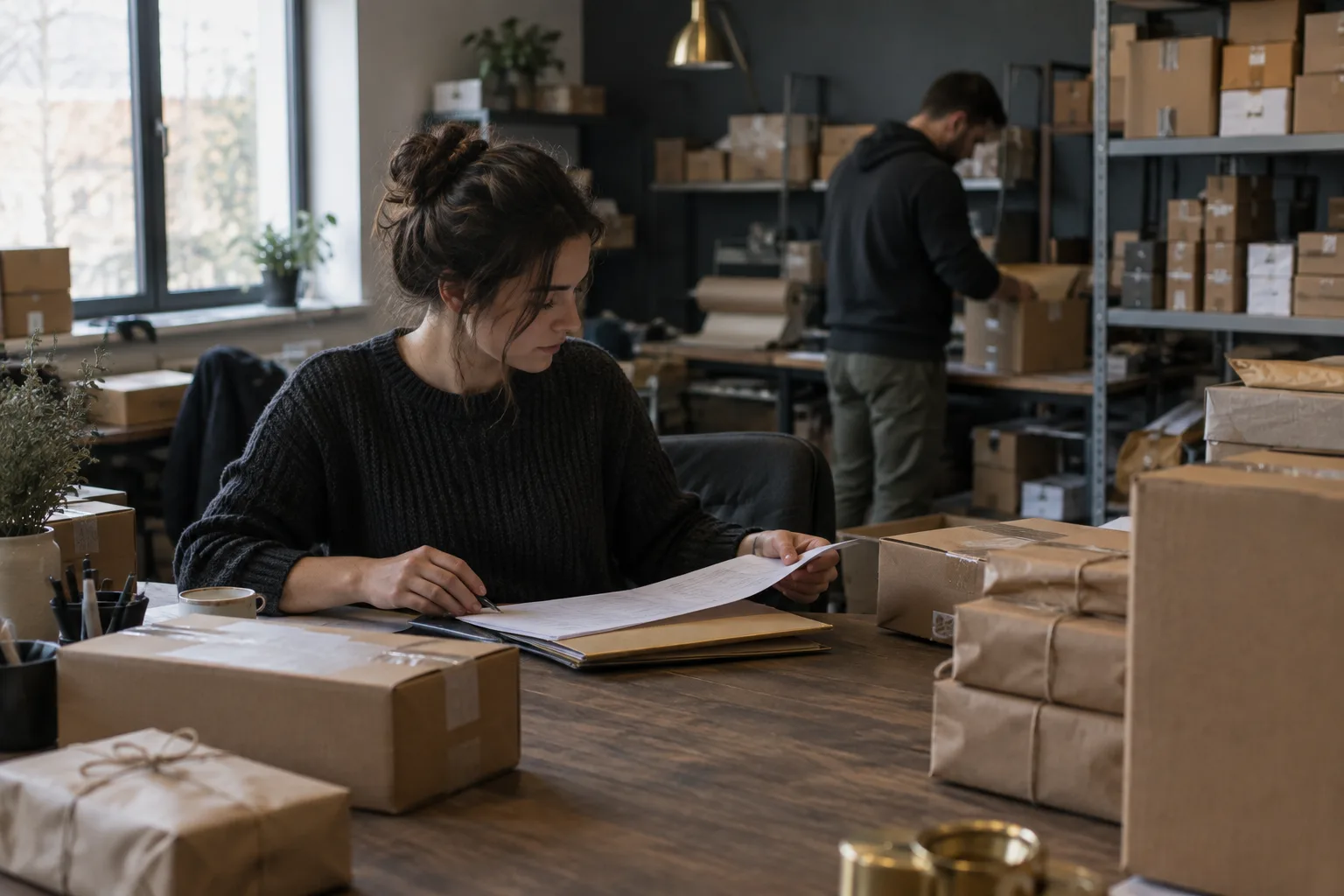 Des collaborateurs préparent des commandes et des livraisons dans une petite boutique en ligne.