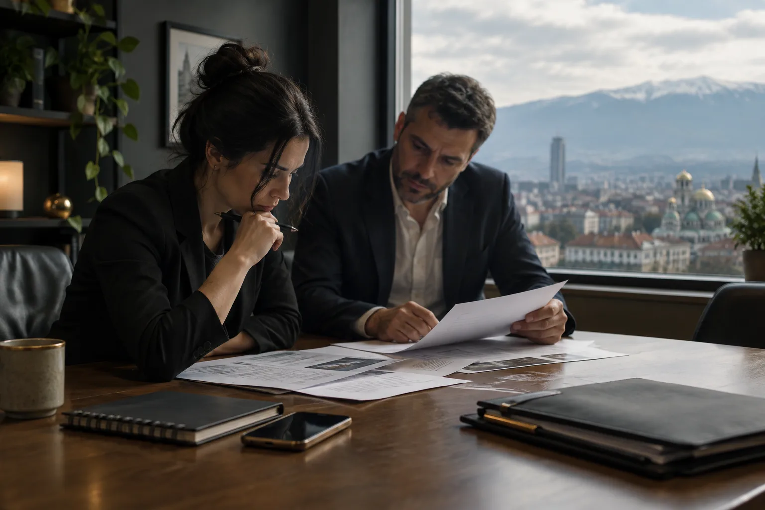 Un spécialiste du marketing et le propriétaire d’une entreprise examinent des rapports et des résultats publicitaires dans un bureau.