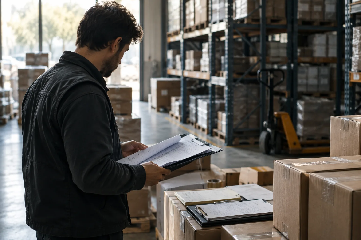 Un employé vérifie des factures et des bons de livraison dans un entrepôt bien organisé où les colis sont prêts à être expédiés.
