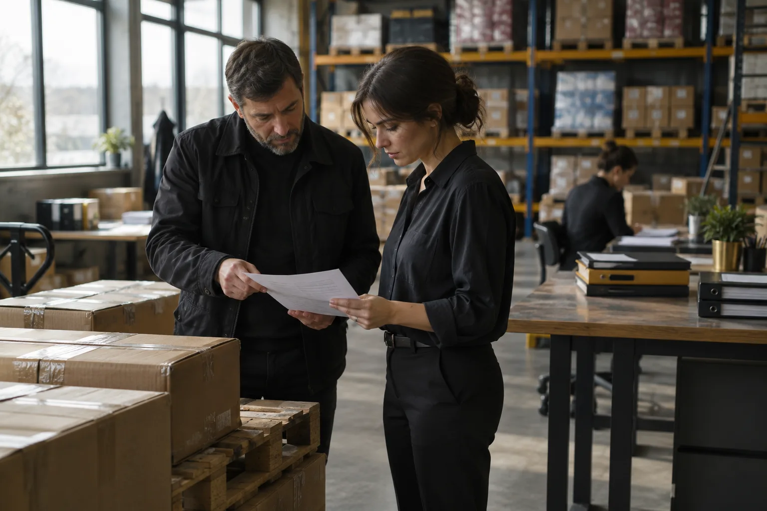 Un responsable et un employé vérifient une commande dans un entrepôt rempli de cartons et de rayonnages de marchandises.