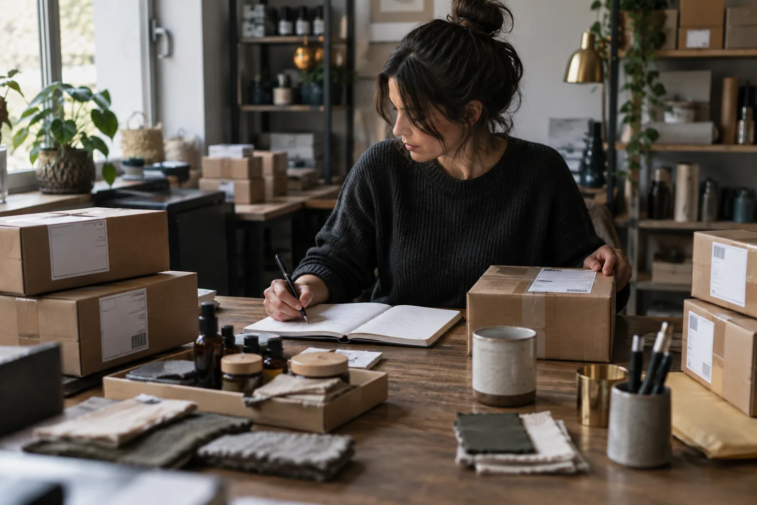 Le propriétaire d’une boutique en ligne prépare des colis et planifie sa communication avec les clients.