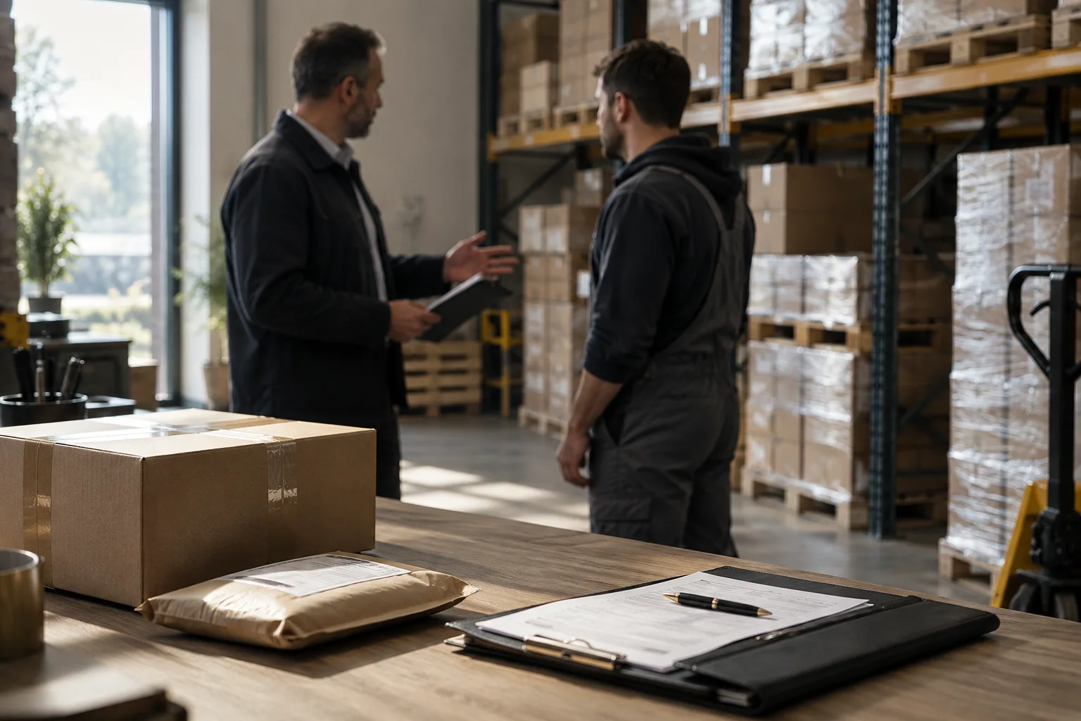 Un dirigeant et un employé vérifient une commande dans un petit entrepôt aux rayonnages et aux cartons bien rangés.