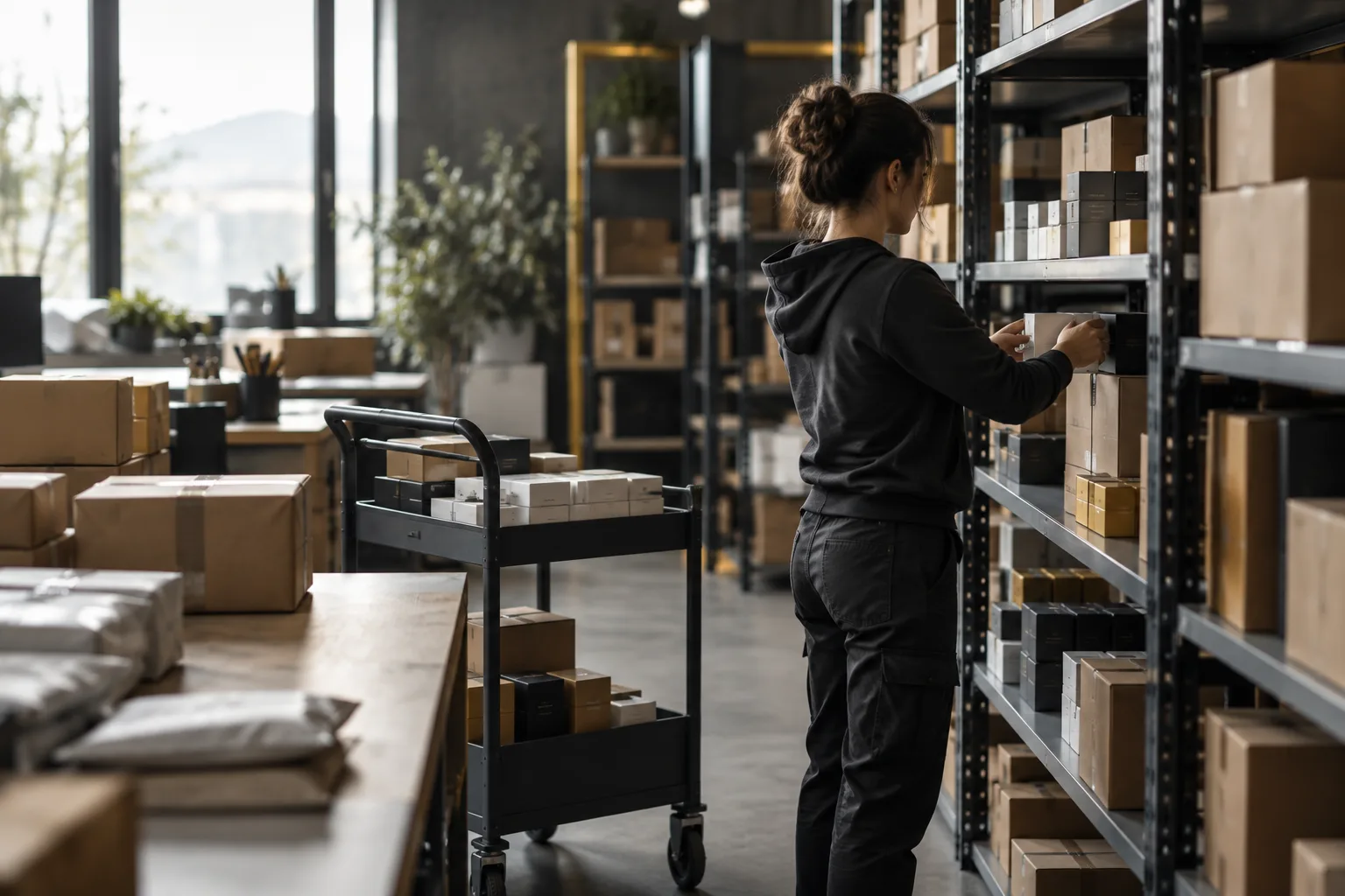 An employee picks online orders in an organised warehouse with shipments ready for the courier.