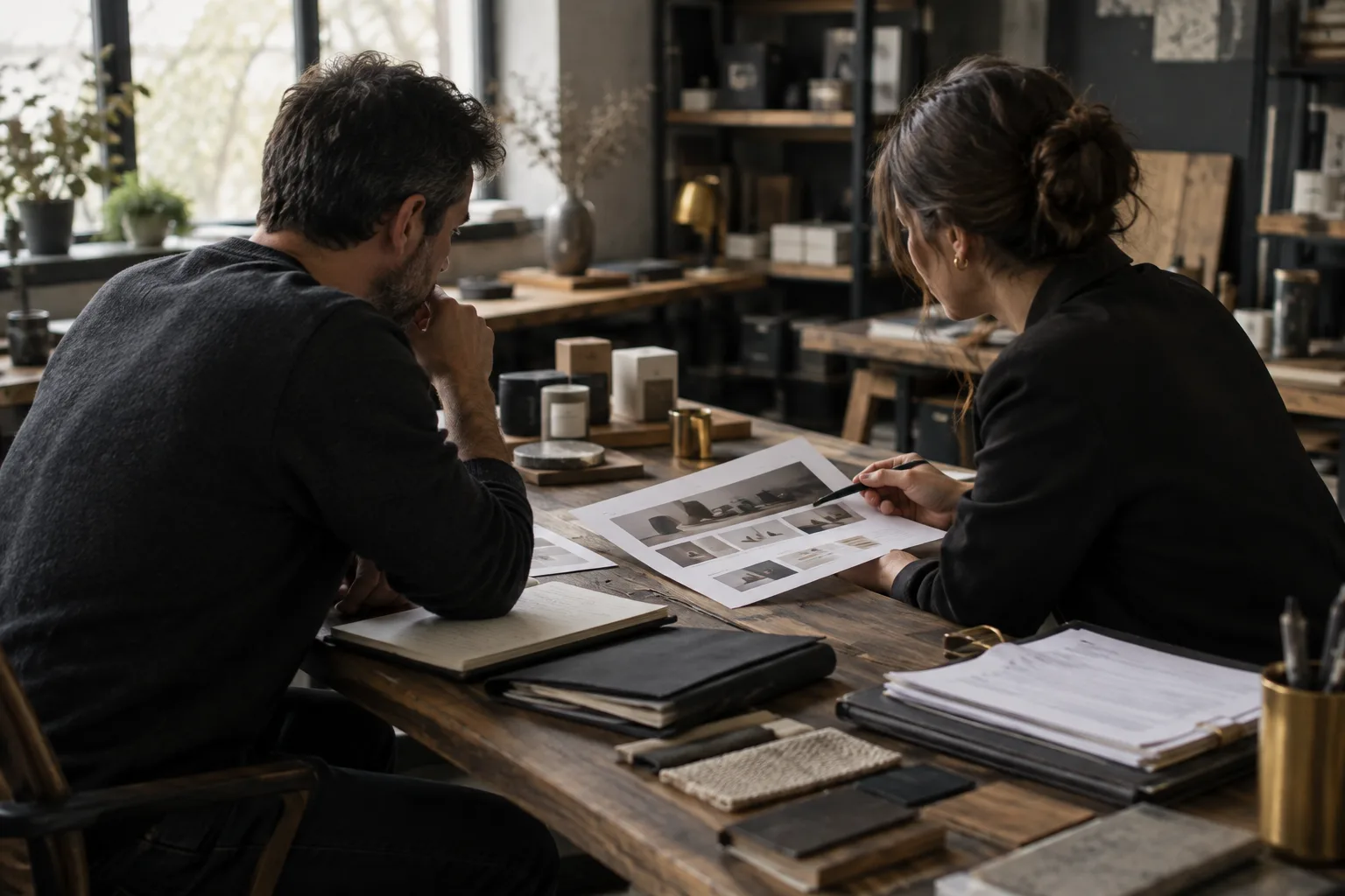 Ein Kleinunternehmer plant an einem Schreibtisch in einer Werkstatt mit Produktmustern und Unterlagen eine neue Website.