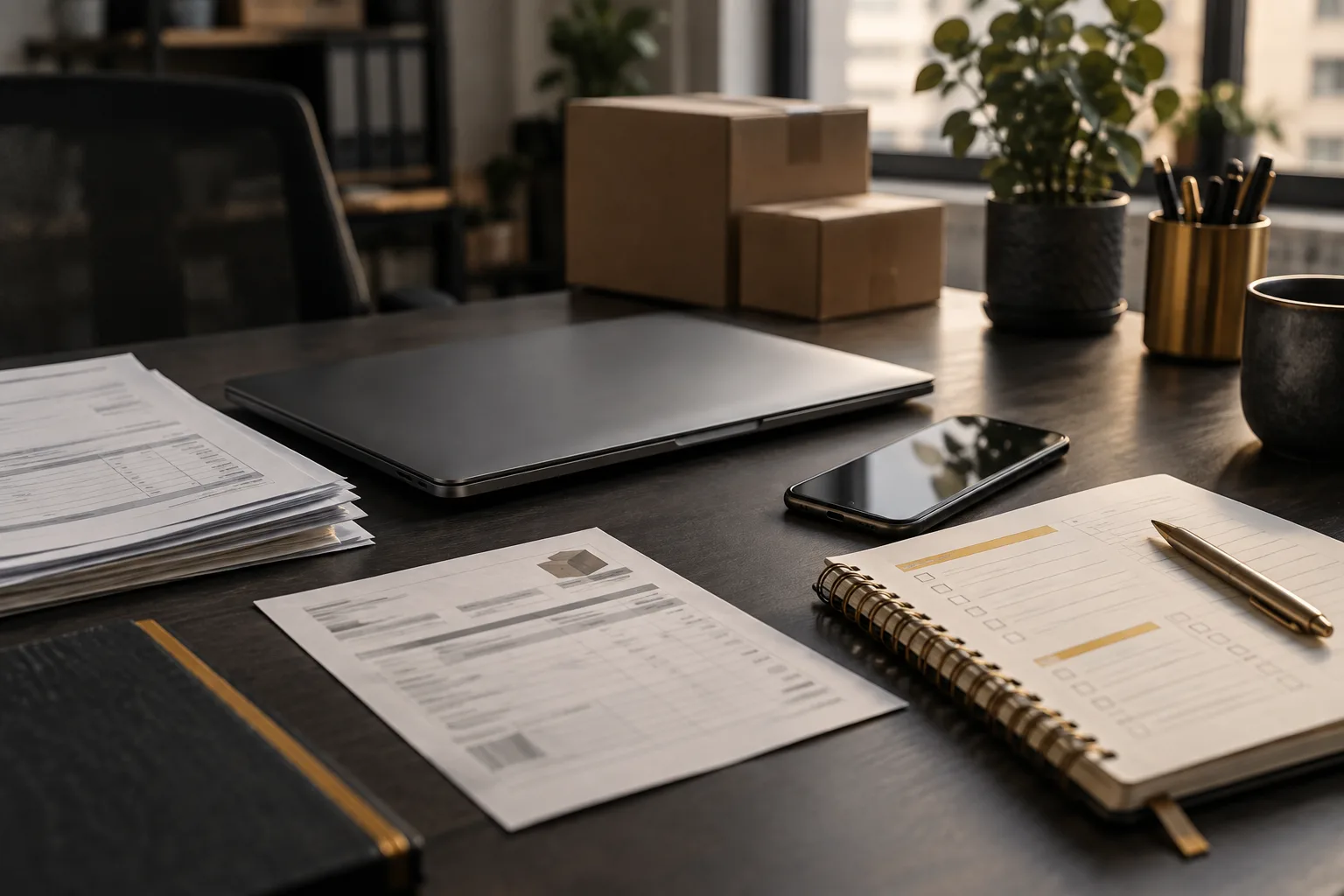 Worktable with documents and materials for preparing a seasonal online campaign.