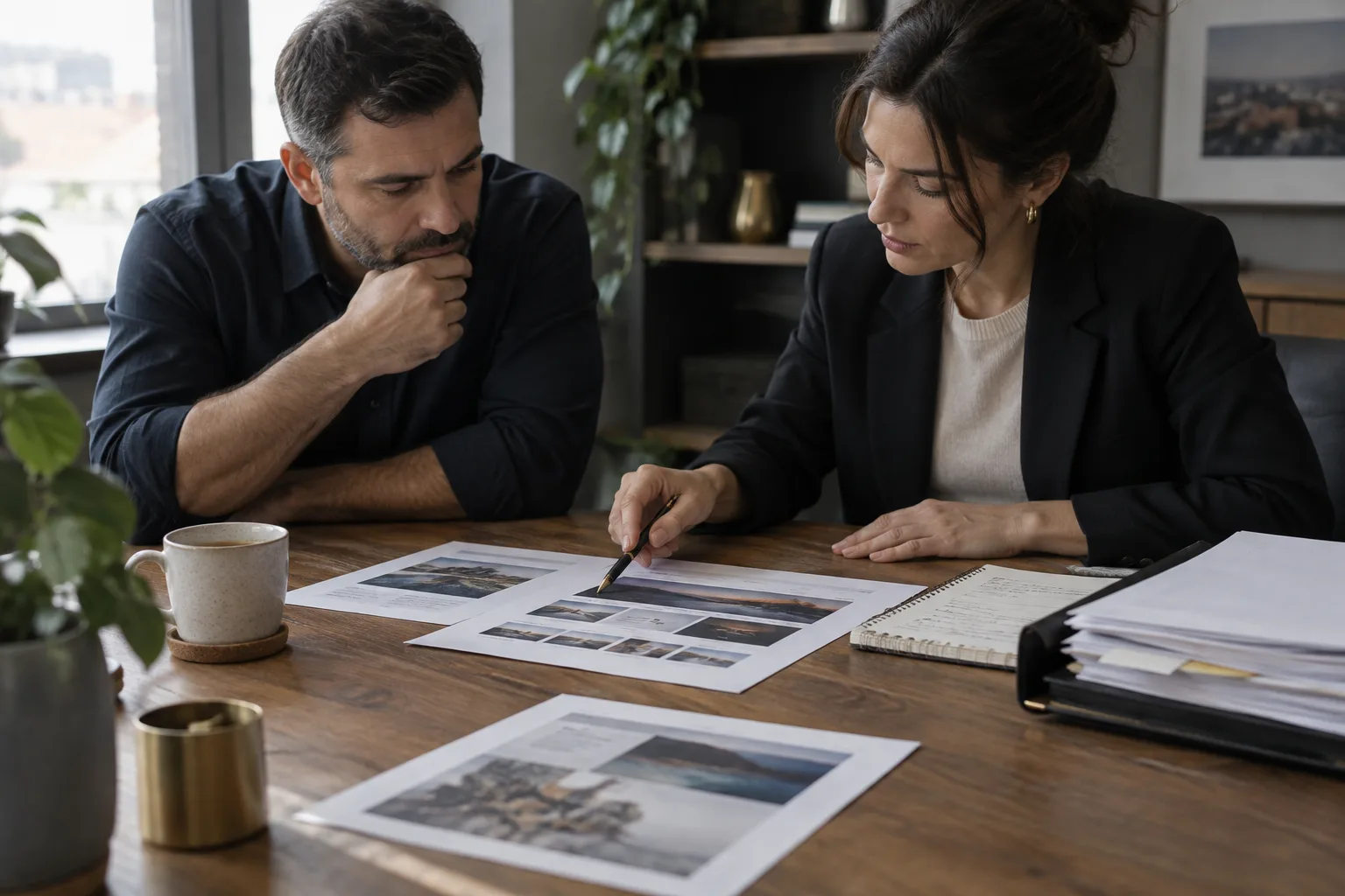 Le propriétaire d’une entreprise bulgare discute de la structure de son site avec un spécialiste autour d’un bureau.