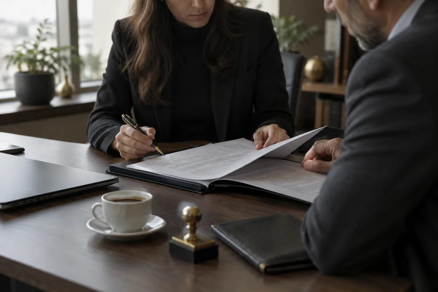 Employees review contracts and prepare documents for signing in an office.