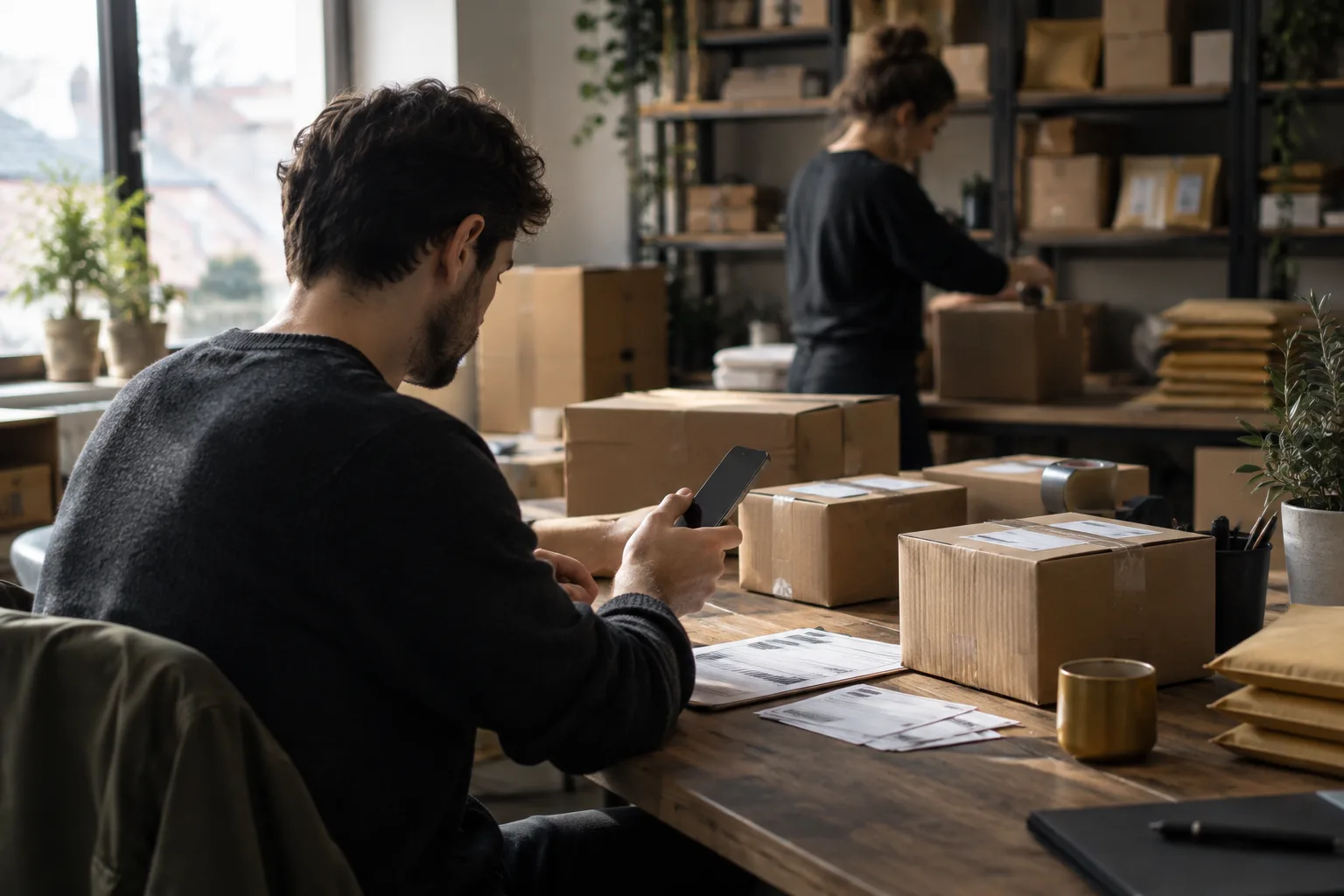An online store employee prepares customer orders and shipments at a work desk.
